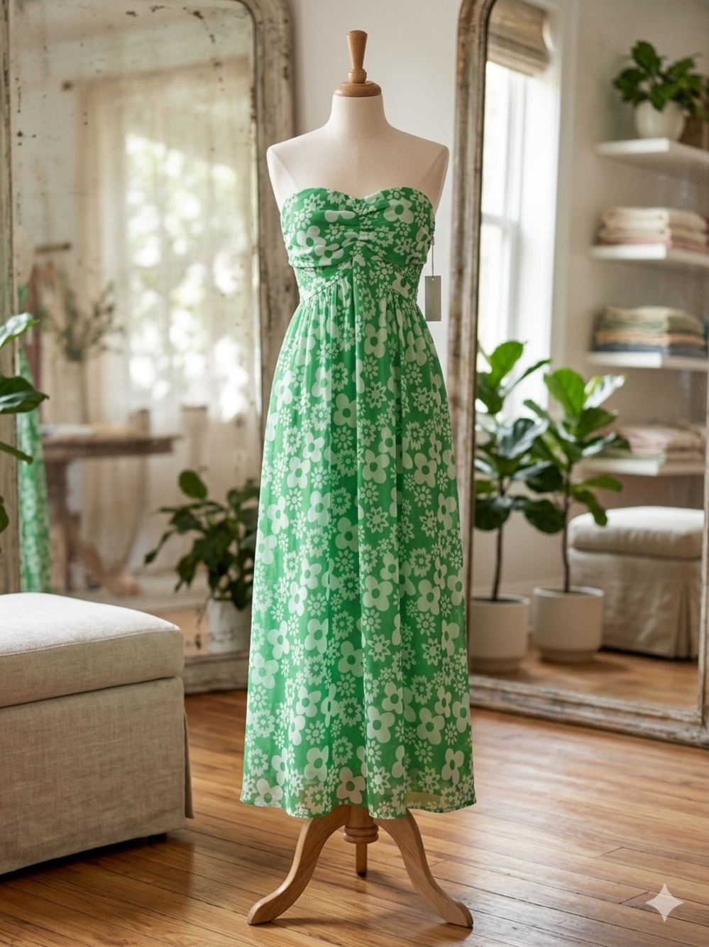 No Boundaries Green White Floral Strapless Maxi Dress